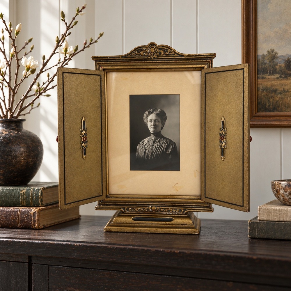 Vintage Gold Tone Shutter Door Picture Frame, Ornate Tabletop Portrait Display
